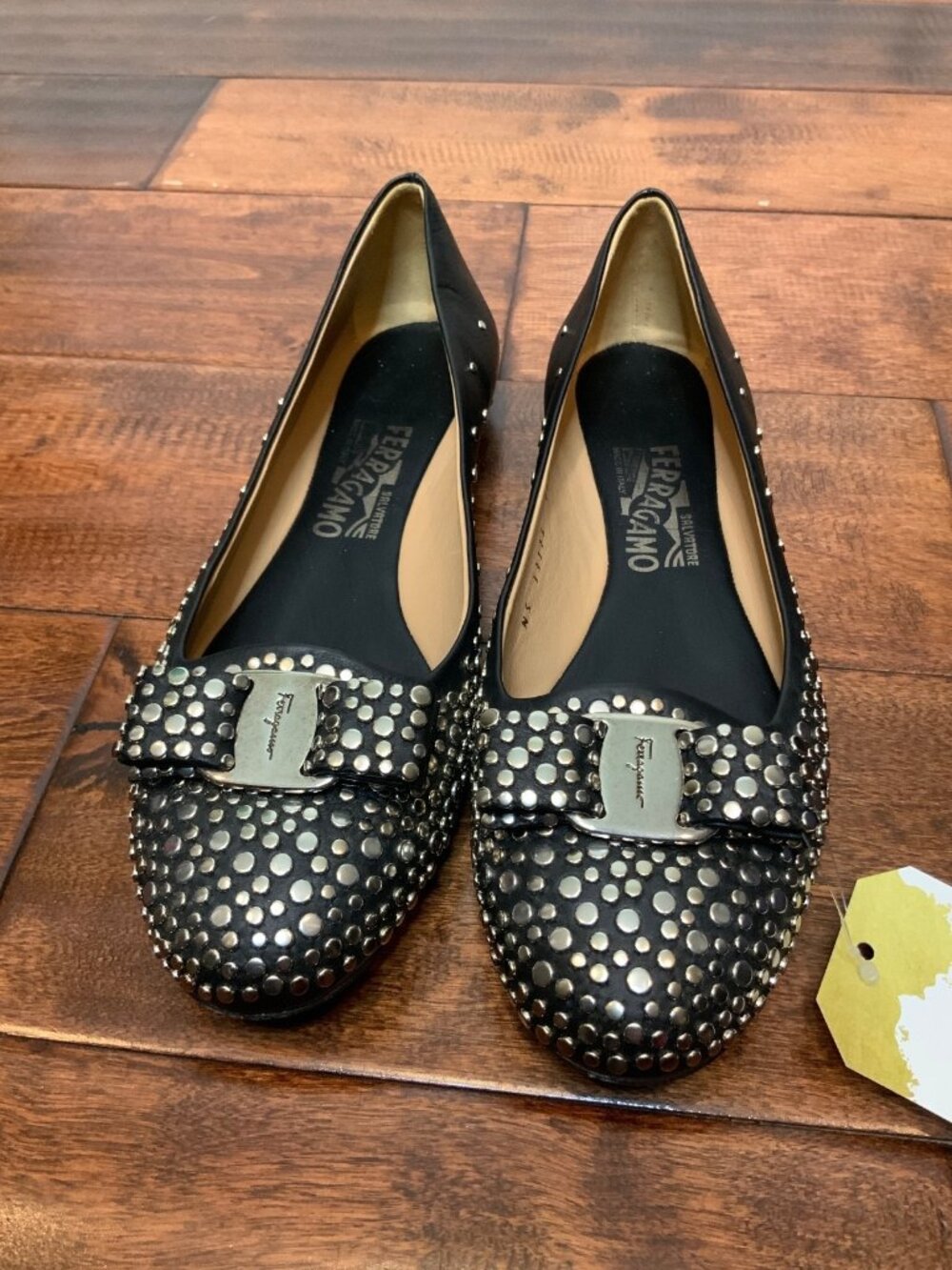 Salvatore Ferragamo Black Leather Studded Bow Flats, Size 8.5 US